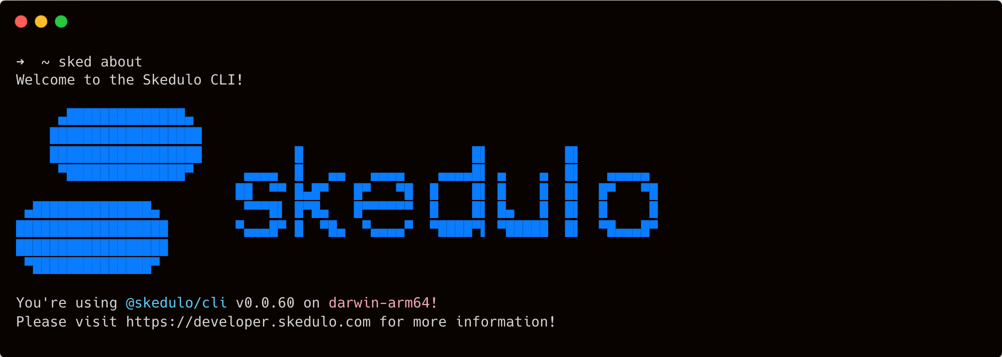 The Skedulo CLI about screen