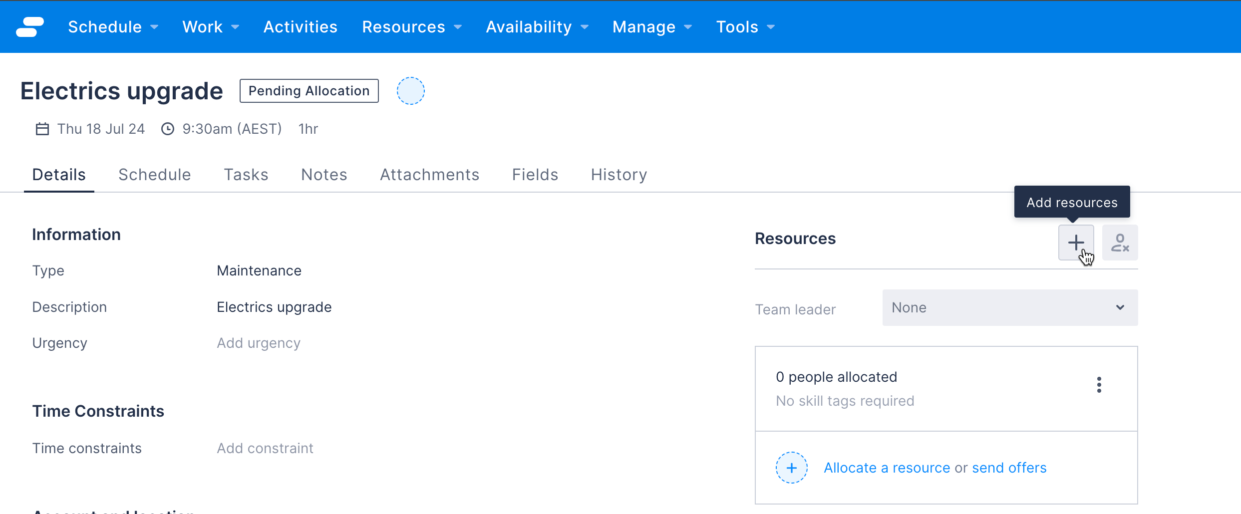 The add resource button on the job details page.